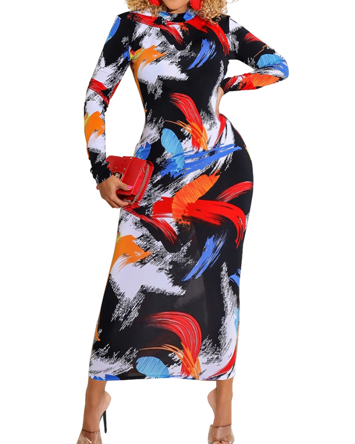 Ladies Printed Zipper Two-Sided Long-Sleeved Dress S-XXL
