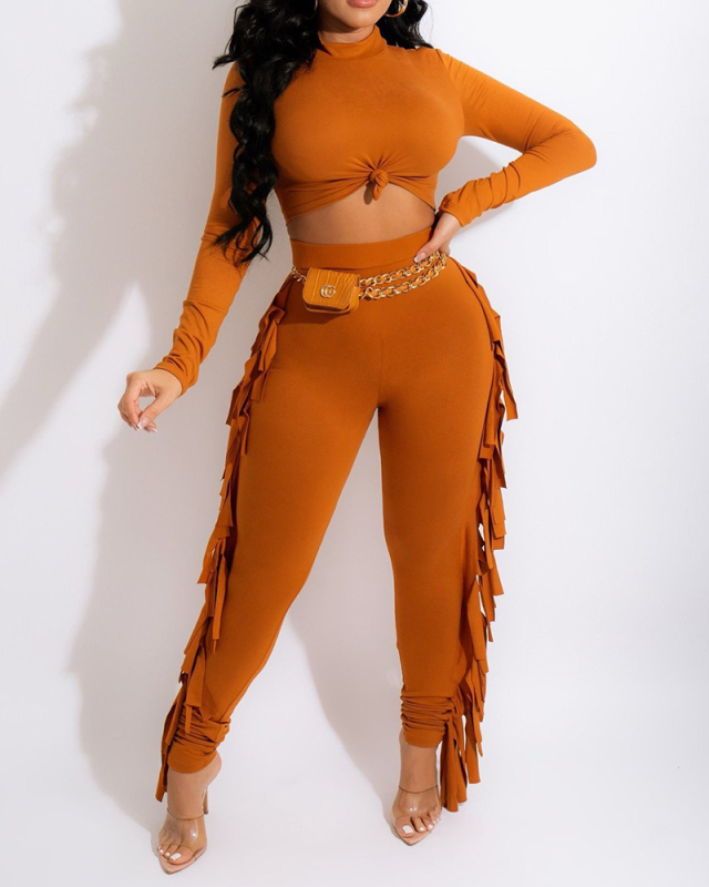 Women Long Sleeve Solid Color High Neck Tassel Pants Sets Two Pieces Outfit Orange Red Black Army Green S-2XL