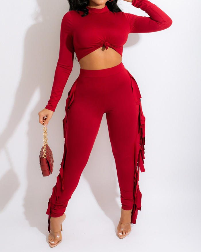 Women Long Sleeve Solid Color High Neck Tassel Pants Sets Two Pieces Outfit Orange Red Black Army Green S-2XL