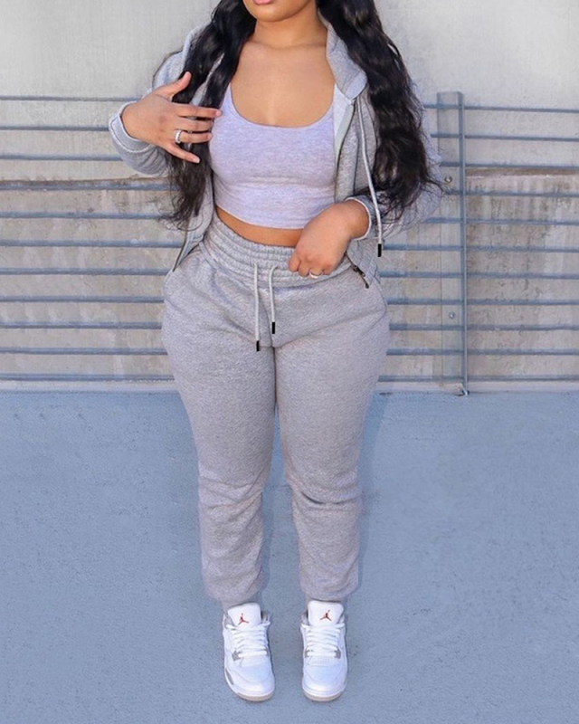 Ladies Fashion Solid Color Plus Fleece Sweater Pocket Long Sleeve Two-Piece Set S-XXL