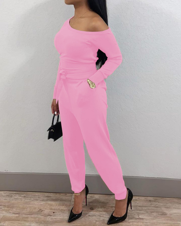 Ladies Fashion Casual Sexy Solid Color Beveled Neckline Long Sleeve Jumpsuit with Belt S-XXL