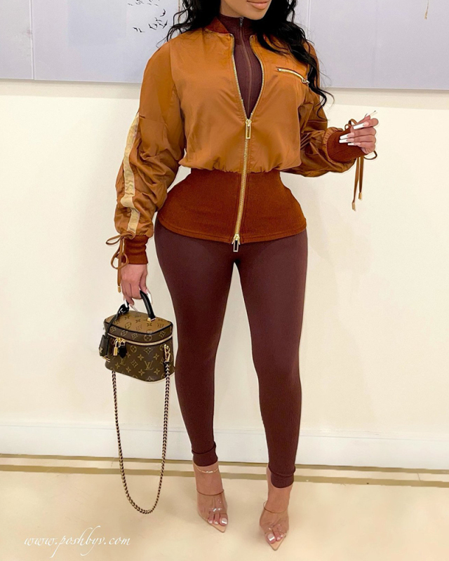 Ladies Fashion Contrasting Color Drawstring Zipper Tunic Jacket S-XXL
