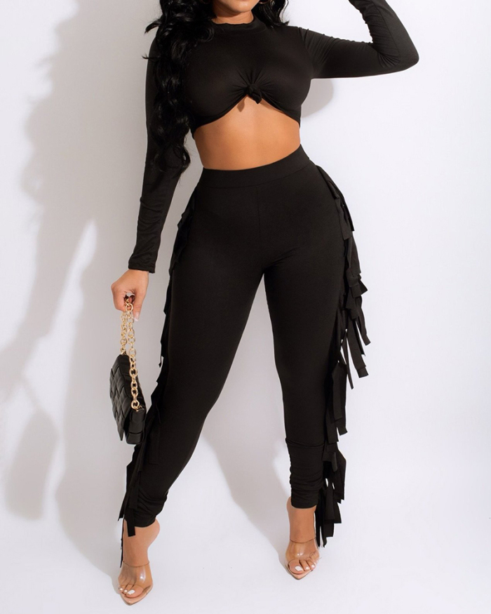 Women Long Sleeve Solid Color High Neck Tassel Pants Sets Two Pieces Outfit Orange Red Black Army Green S-2XL