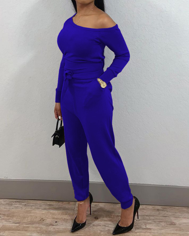 Ladies Fashion Casual Sexy Solid Color Beveled Neckline Long Sleeve Jumpsuit with Belt S-XXL