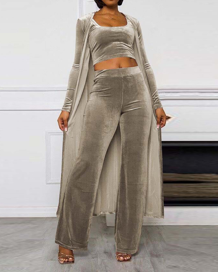 Women Long Sleeve Velvet Solid Color Slim Vest Trousers Cloak Three Pieces Outfit Gray Black Brown S-2XL