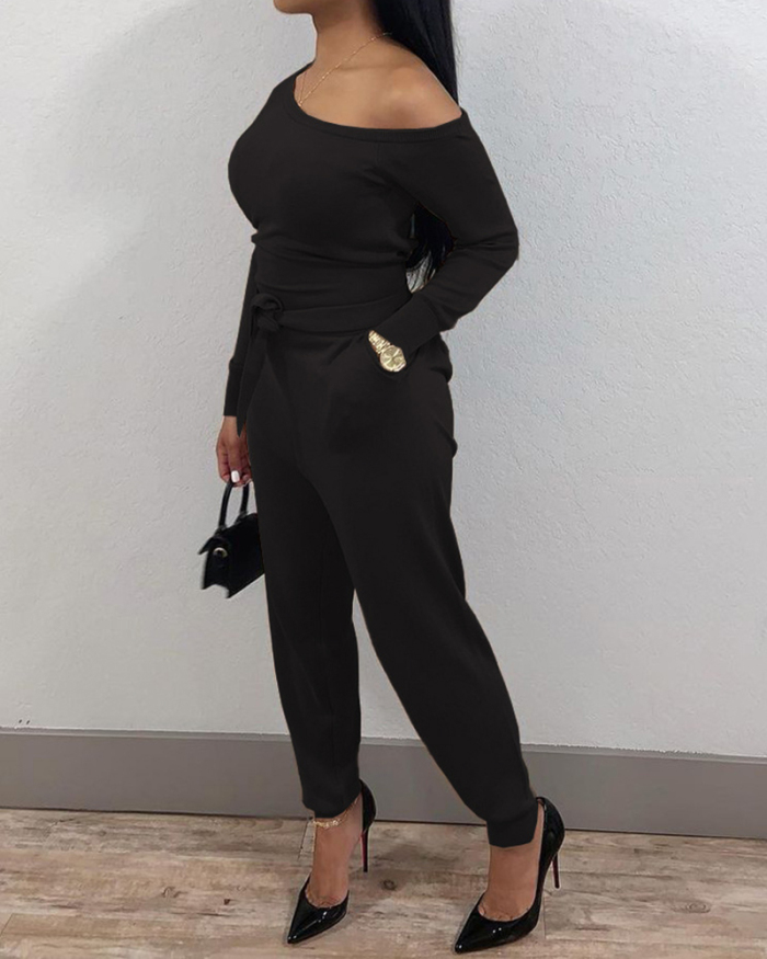 Ladies Fashion Casual Sexy Solid Color Beveled Neckline Long Sleeve Jumpsuit with Belt S-XXL