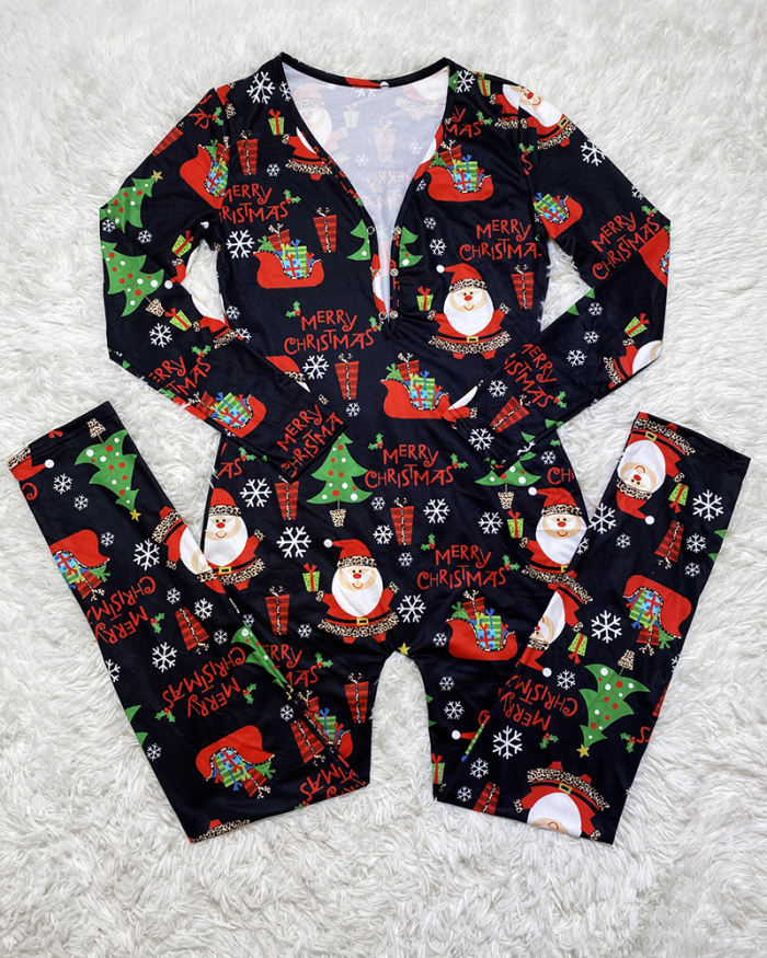 Christmas Printed Multi-color Optional Long Sleeve Pajamas Jumpsuits S-2XL