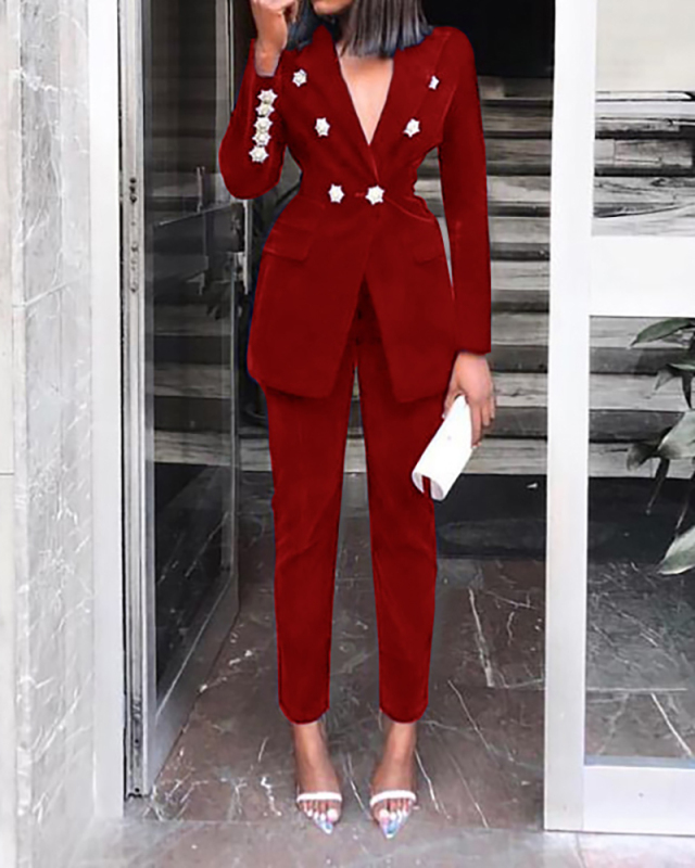 Lady Sexy V-Neck Casual Two Piece Set Red Black Blue S-L