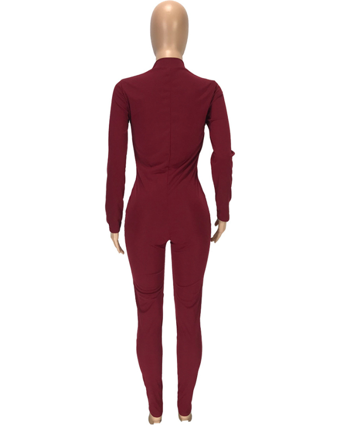 Women Long Sleeve Colorblock Zipper Neck Jumpsuits Gray Black Wine Red S-3XL
