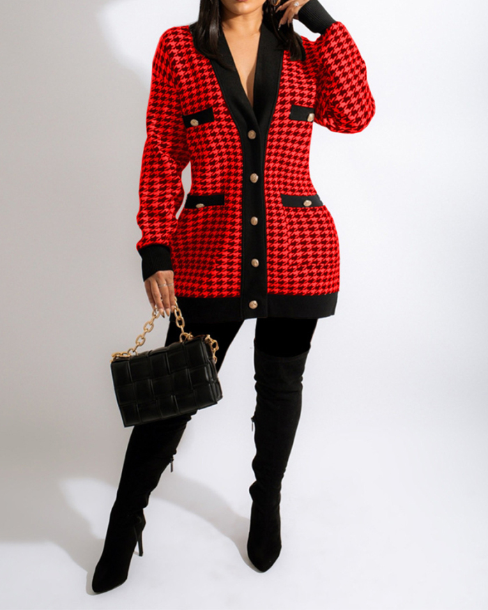 Ladies Fashion Casual Printed Pocket V-neck Mid-length Loose Cardigan Jacket S-XXL