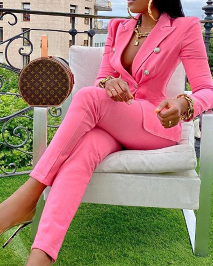 Office Lady Solid Color Fashion Suits Two Piece Pink Yellow S-XL
