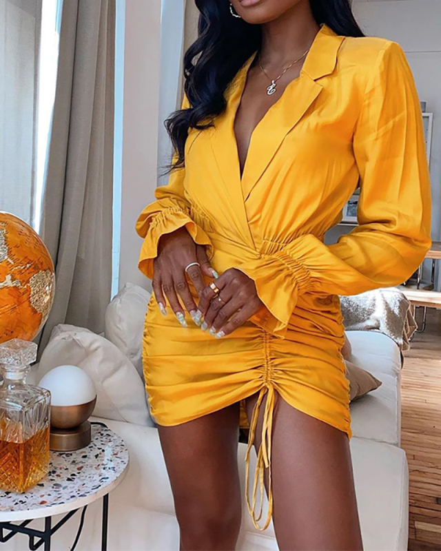 Women Long Sleeve Turn-Down Neck Drawstring Satin One-piece Dress Yellow Black S-XL