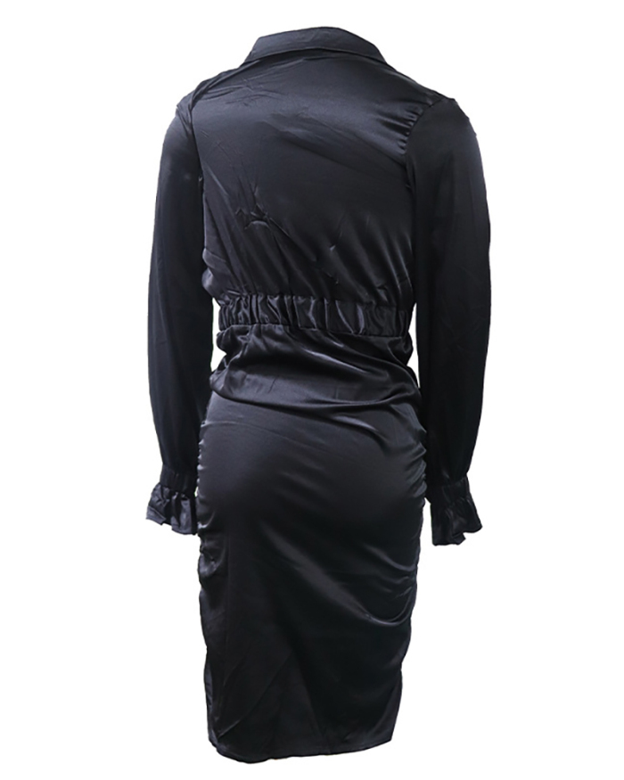 Women Long Sleeve Turn-Down Neck Drawstring Satin One-piece Dress Yellow Black S-XL