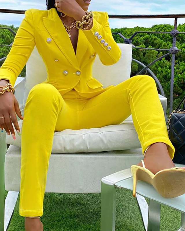 Office Lady Solid Color Fashion Suits Two Piece Pink Yellow S-XL