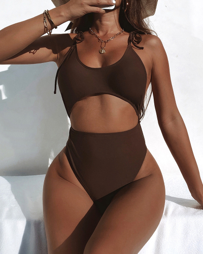 Lady Sexy Solid Color Hollow Out One Piece Swimwear Brown S-L 