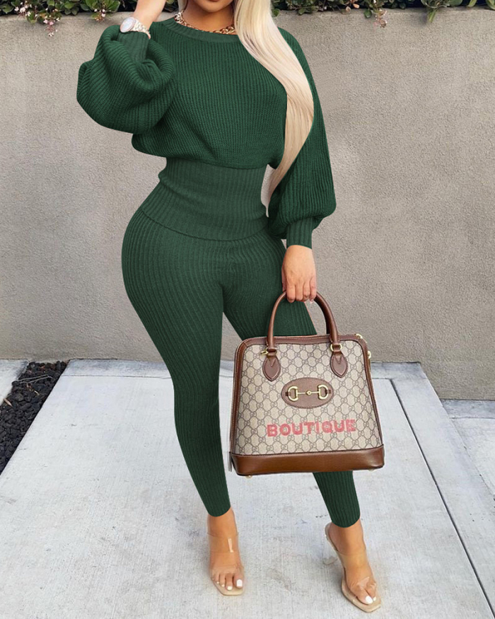 Women Solid Color Bat Sleeve Tunic Slim Pants Sets Two Pieces Outfit Brown Red Green Blue S-2XL