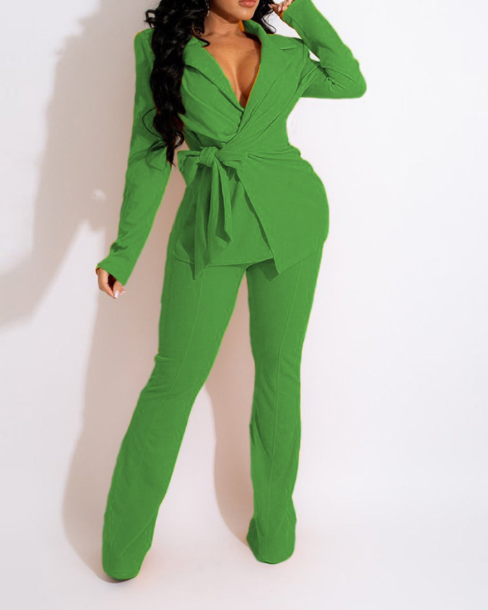 Hot Sale Solid Color Professional V-neck Sexy Fashion Ladies Pants Sets Two Pieces Outfit White Green Red Black S-XL