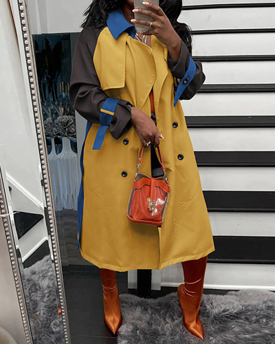 Lady Colorblock Lapel Long Sleeve Fashion Tops Coat Khaki Yellow S-2XL 