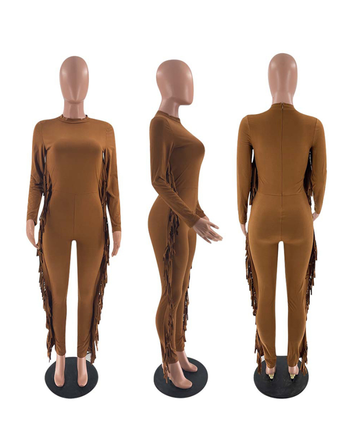 Women Solid Color Tassels Long Sleeve Slim Jumpsuits Black Orange Brown Khaki Army Green S-2XL