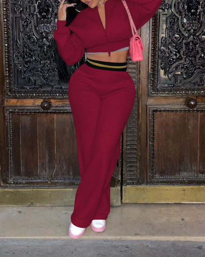Women Long Sleeve Solid Color Casual Sports Wear Pants Sets Two Pieces Outfit Coffee Wine Red Light Gray S-2XL