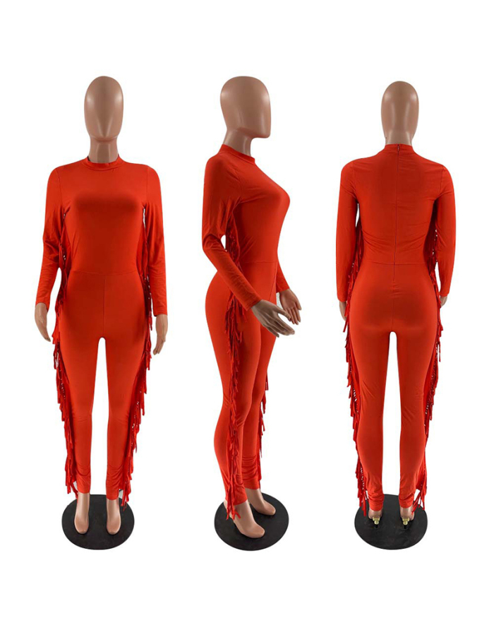Women Solid Color Tassels Long Sleeve Slim Jumpsuits Black Orange Brown Khaki Army Green S-2XL