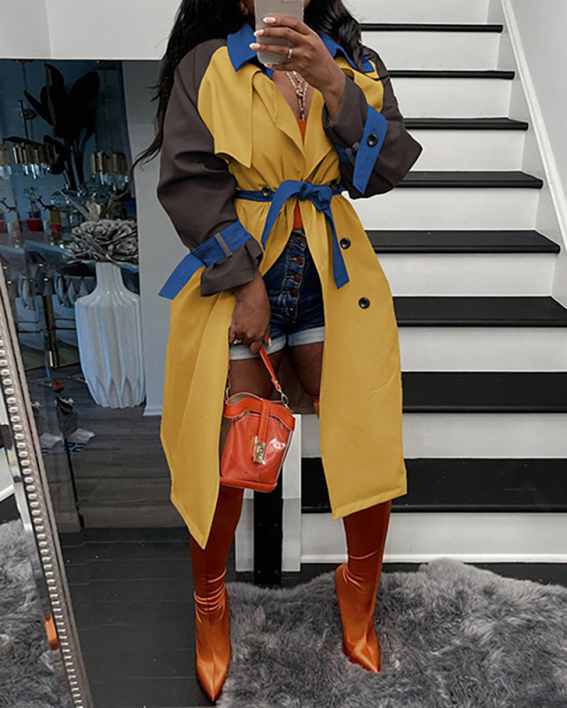 Lady Colorblock Lapel Long Sleeve Fashion Tops Coat Khaki Yellow S-2XL 