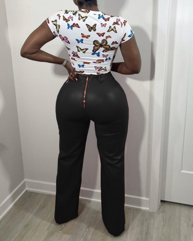 Women Solid Color Wide Leg PU Leather Back Zipper Fashion Pants Red Black S-XL