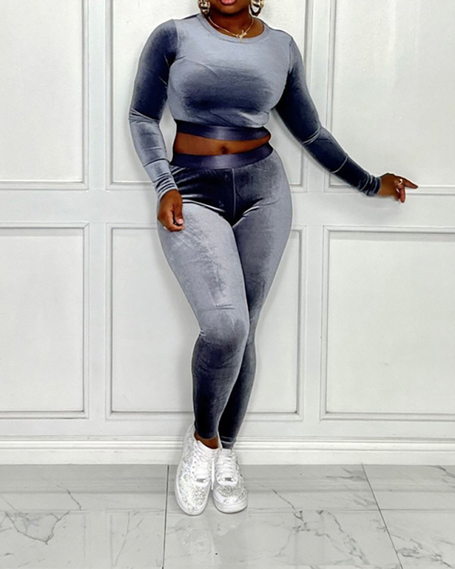 Women Long Sleeve Solid Color Patchwork Slim Pants Sets Two Pieces Outfit Gray Black S-XL