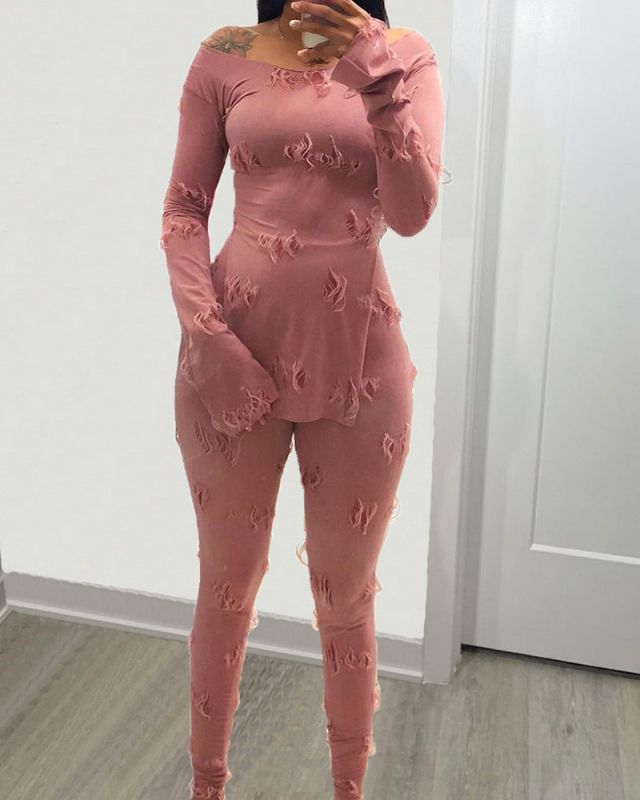 Women Solid Color Knitted Jacquard U Neck Long Sleeve Slit Tops Slim Pants Sets Two Pieces Outfit Pink White Black S-XL