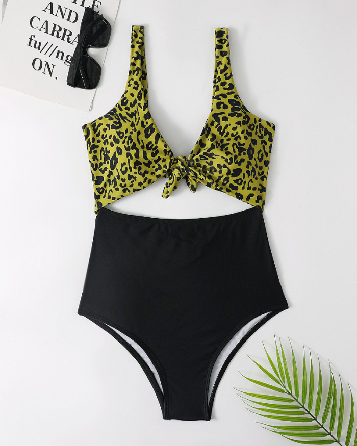 Women Leopard Black V-neck High Cut High Waist Hollow Out One-piece Swimsuit Beige Pink Yellow S-XL
