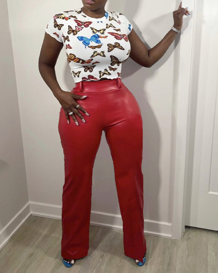 Women Solid Color Wide Leg PU Leather Back Zipper Fashion Pants Red Black S-XL