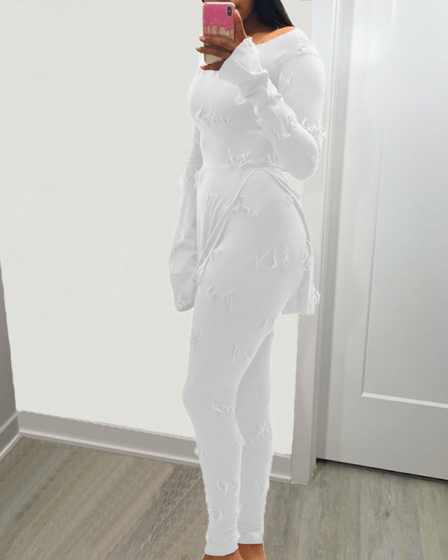 Women Solid Color Knitted Jacquard U Neck Long Sleeve Slit Tops Slim Pants Sets Two Pieces Outfit Pink White Black S-XL