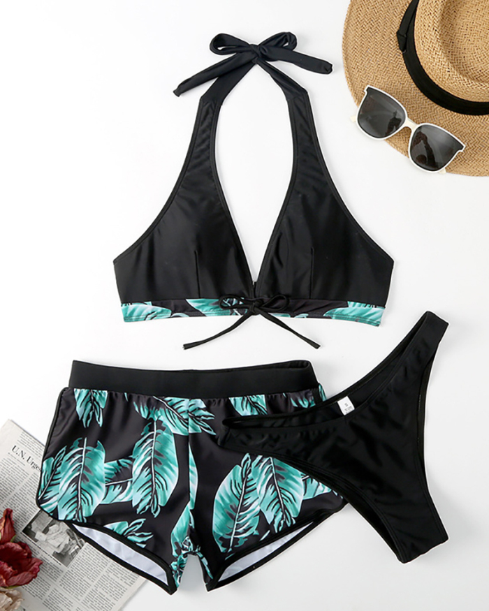Women V-neck Colorblock Printed Shorts Two-piece Swimsuit S-L