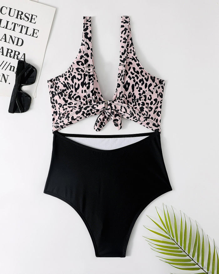 Women Leopard Black V-neck High Cut High Waist Hollow Out One-piece Swimsuit Beige Pink Yellow S-XL