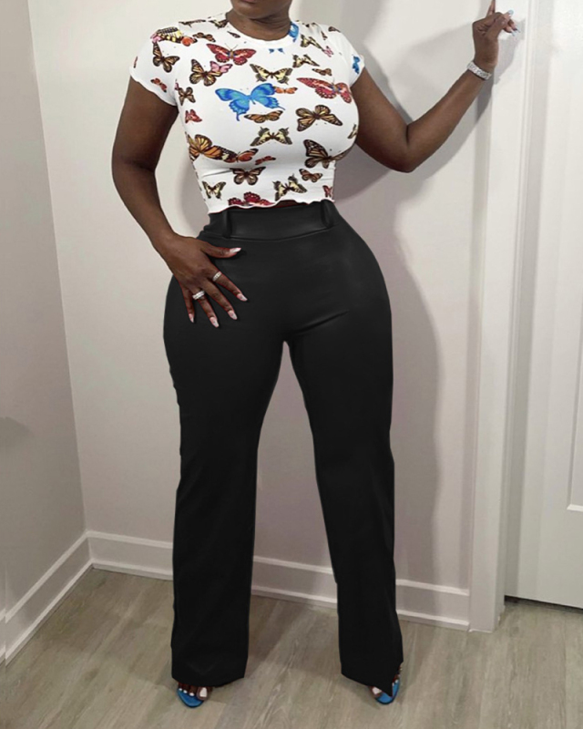 Women Solid Color Wide Leg PU Leather Back Zipper Fashion Pants Red Black S-XL