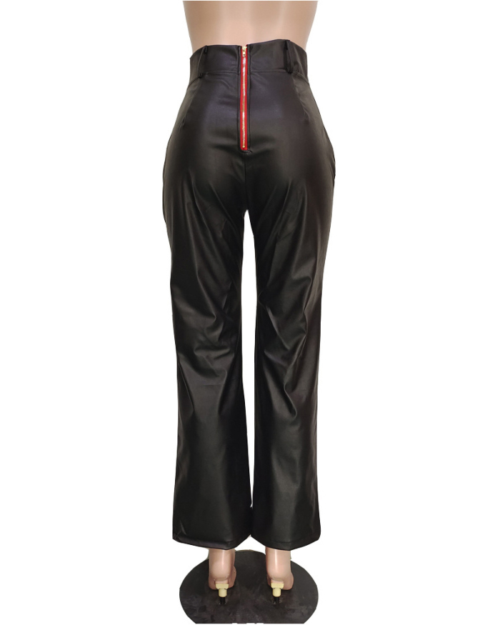 Women Solid Color Wide Leg PU Leather Back Zipper Fashion Pants Red Black S-XL