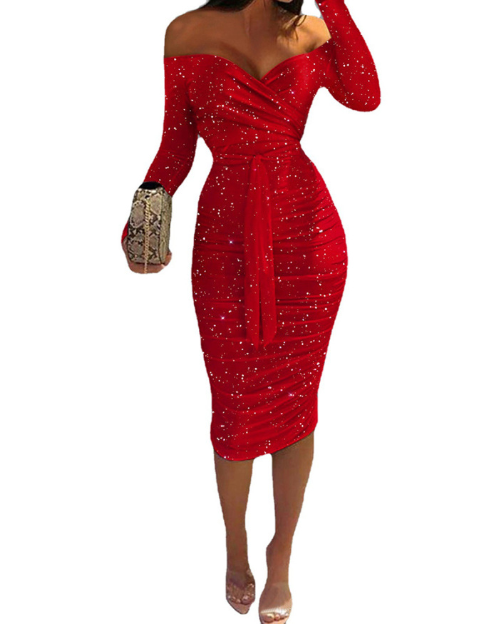 Lady Fashion Elegant Long Sleeve Off Shoulder Solid Color Bronzing Midi Bodycon Dresses Black Red Blue S-2XL