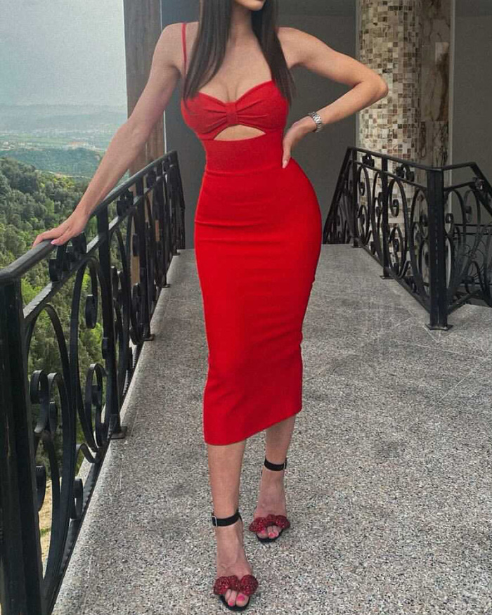Elegant Solid Color Hollow Out High Elasticity Bandage Dresses Red Green Blue Black White Coffee XS-L