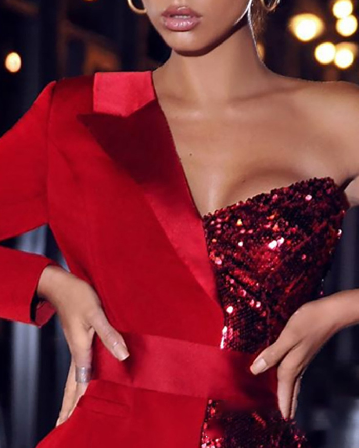 Fashion Sequin One Long Sleeve Women Sexy Slim Evening Dress Red Black S-XL