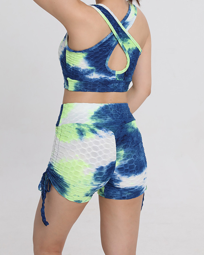 Ladies New Bubble Vest Yoga Sports Multicolor Tie Dye Shorts Bra Set S-L