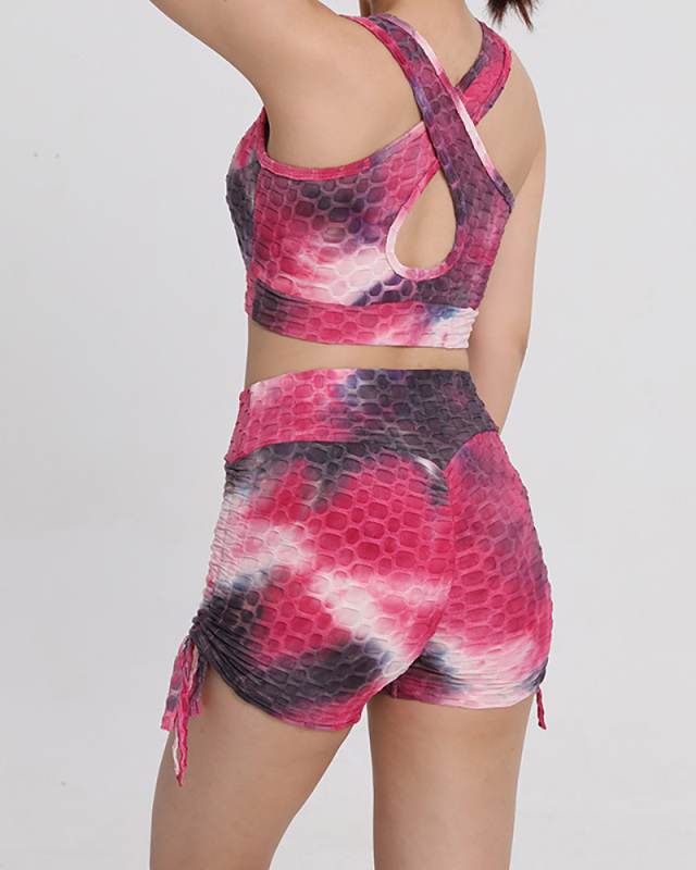 Ladies New Bubble Vest Yoga Sports Multicolor Tie Dye Shorts Bra Set S-L