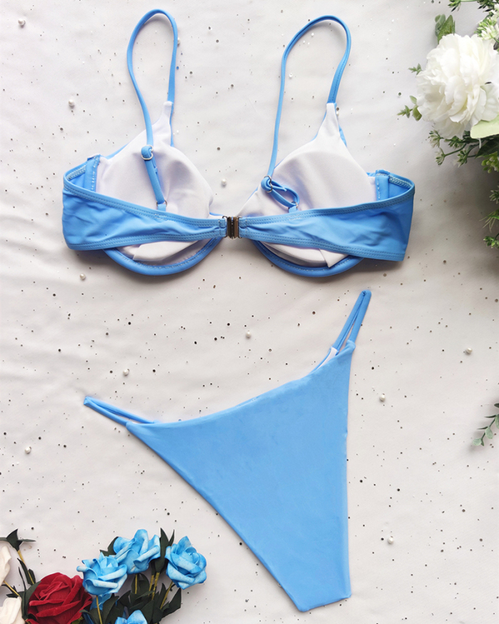Sexy Bikini Colorblock Women Two-piece Swimsuit Blue S-L