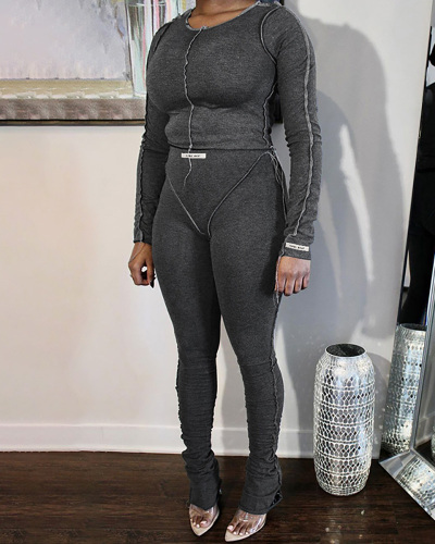 Ladies Long Sleeve Stylish Design Slim Tops Casual Slim Pants Two-piece Sets Black Light Gray Deep Gray S-L