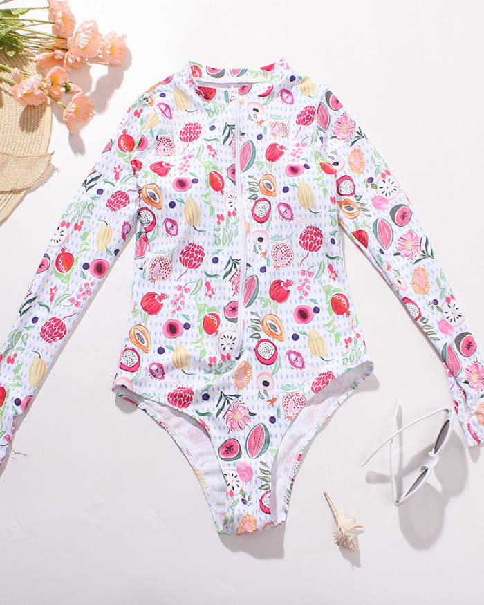 Florals Fruit Leaf Printed Summer New Long Sleeve Women One-piece Swimsuit S-2XL