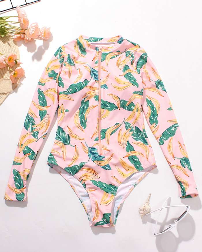 Florals Fruit Leaf Printed Summer New Long Sleeve Women One-piece Swimsuit S-2XL