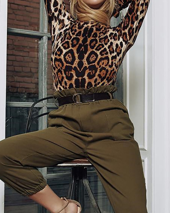 Lady High Neck Long Sleeve Sexy Leopard Bodysuit S-L 