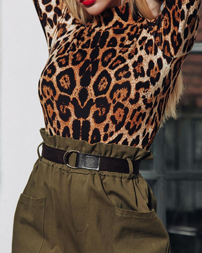 Lady High Neck Long Sleeve Sexy Leopard Bodysuit S-L 