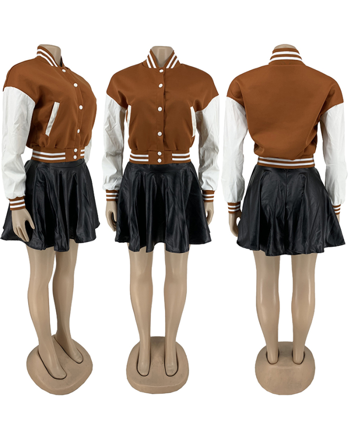 Fashion Stitched Baseball Uniform Pleated Leather Skirt Sets Two Pieces Outfit Green Coffee Blue Black Red S-3XL