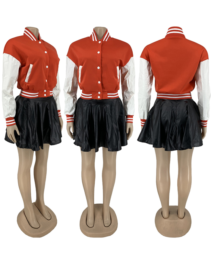 Fashion Stitched Baseball Uniform Pleated Leather Skirt Sets Two Pieces Outfit Green Coffee Blue Black Red S-3XL