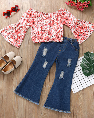 Autumn New Style Girls One-shoulder Flared Sleeve Cropped Top Jeans Suit